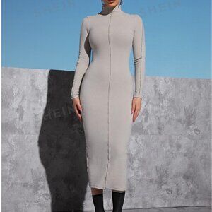 Mock Neck Lettuce Trim Bodycon Dress